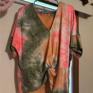 White Birch Green and Pink Tie Front Asymmetrical Short Sleeve Blouse